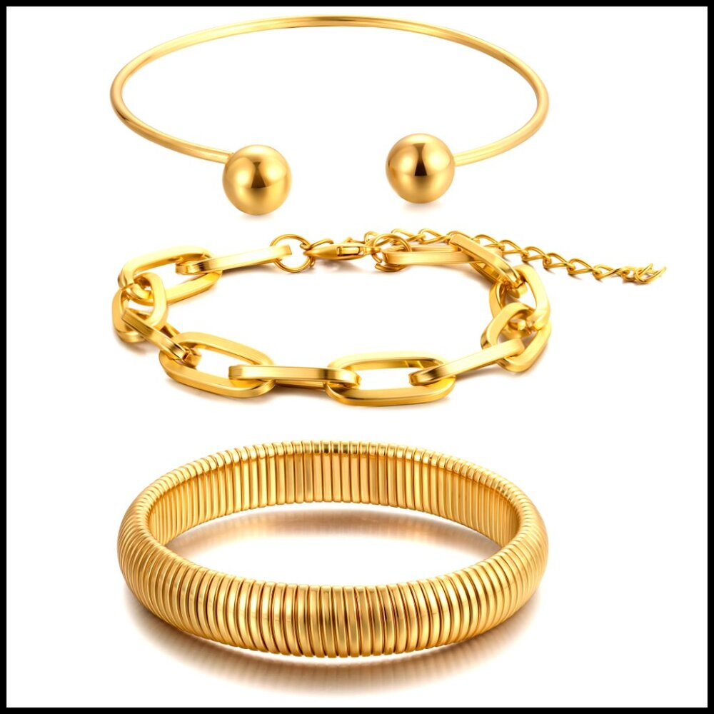 Chunky Gold Bangle Bracelets Stackable Chain Pear… - image 1